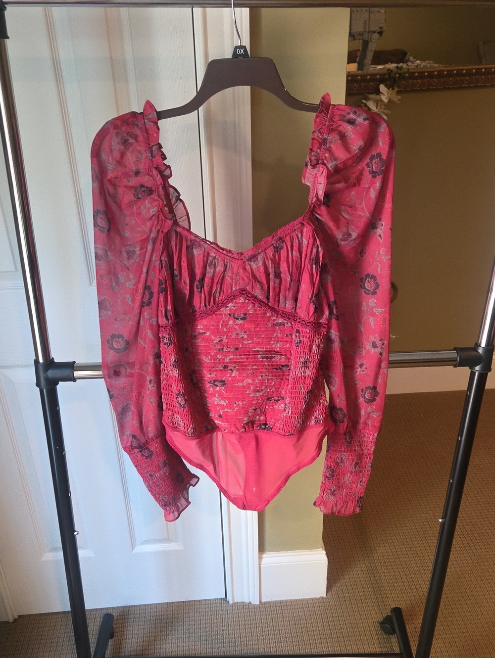 Free People Pink Floral Smocked Square-Neck Bodysuit